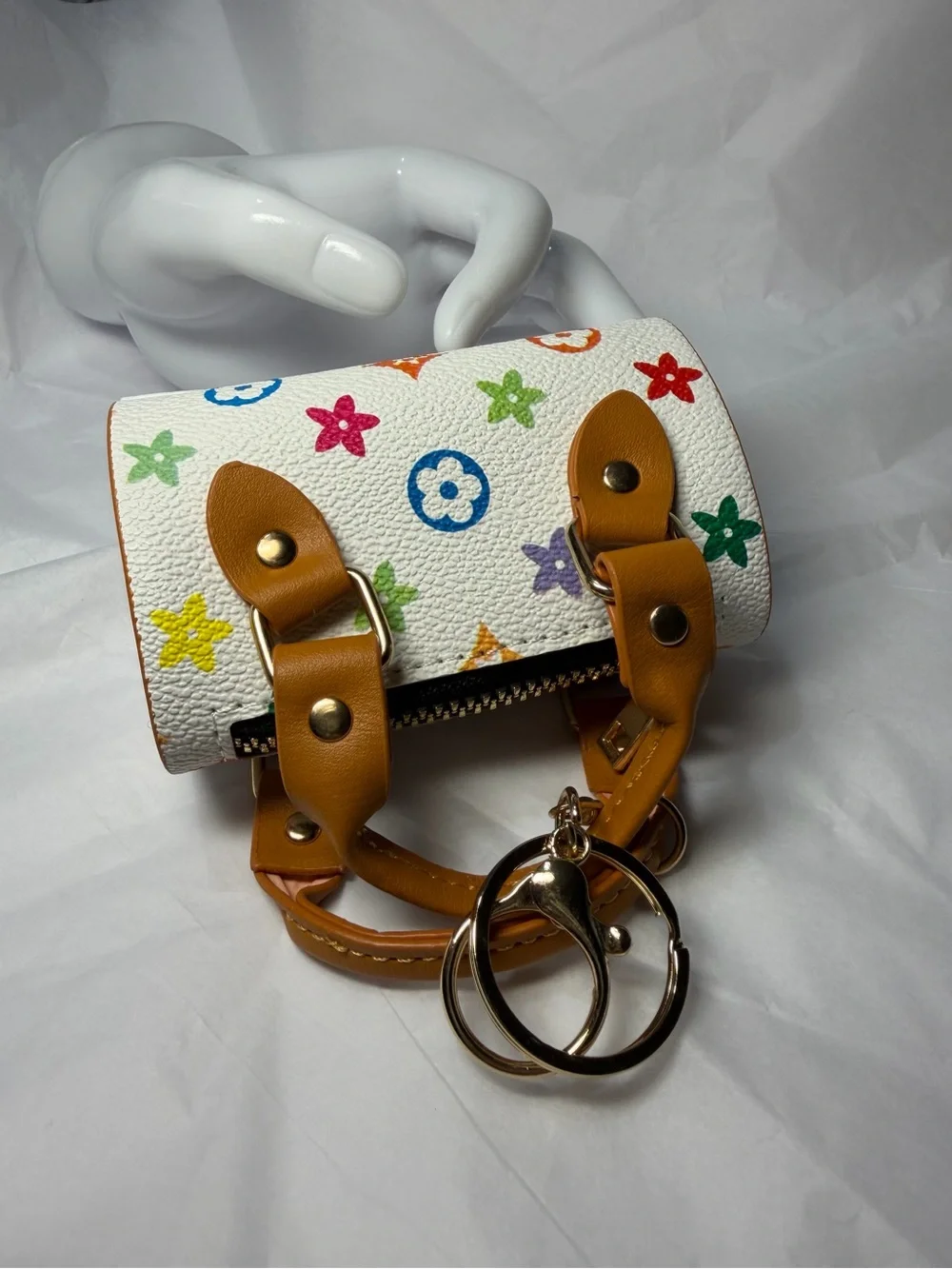 Multicolor Mini Bag Keychain & Bag Charm White with Tan Handles